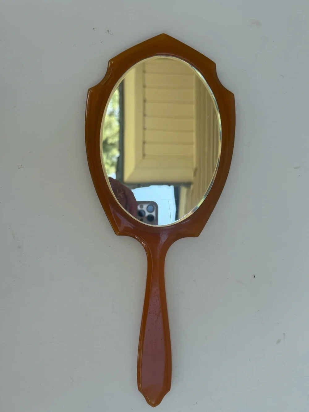 Vtg Art Deco Pearlized Celluloid Bakelite Hand Held Mirror -Beveled Glass READ